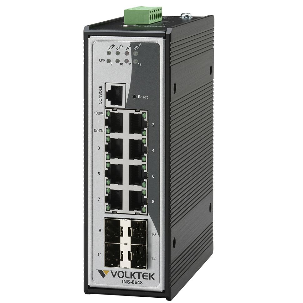 8x10/100/1000Base-T + 4xSFP, 12-60 VDC, DIN, -10°C, L2 Mgt