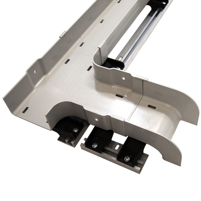 Raceway, rack, 3 sections/2 vert guides, wall mount w font