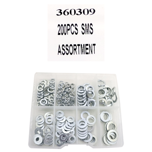 ASSORT MIXED WASHER 200PC SPRING & FLAT WASHERS (SEE CONTENTS SHEET