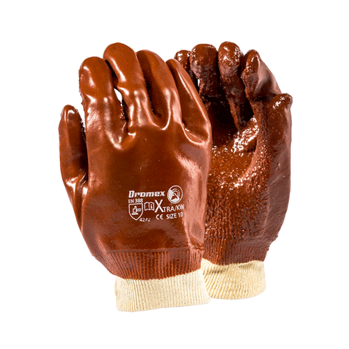 GLOVE PVC BROWN WRIST ROUGH KNIT - KNITTED WRIST, FULLY COATED HD