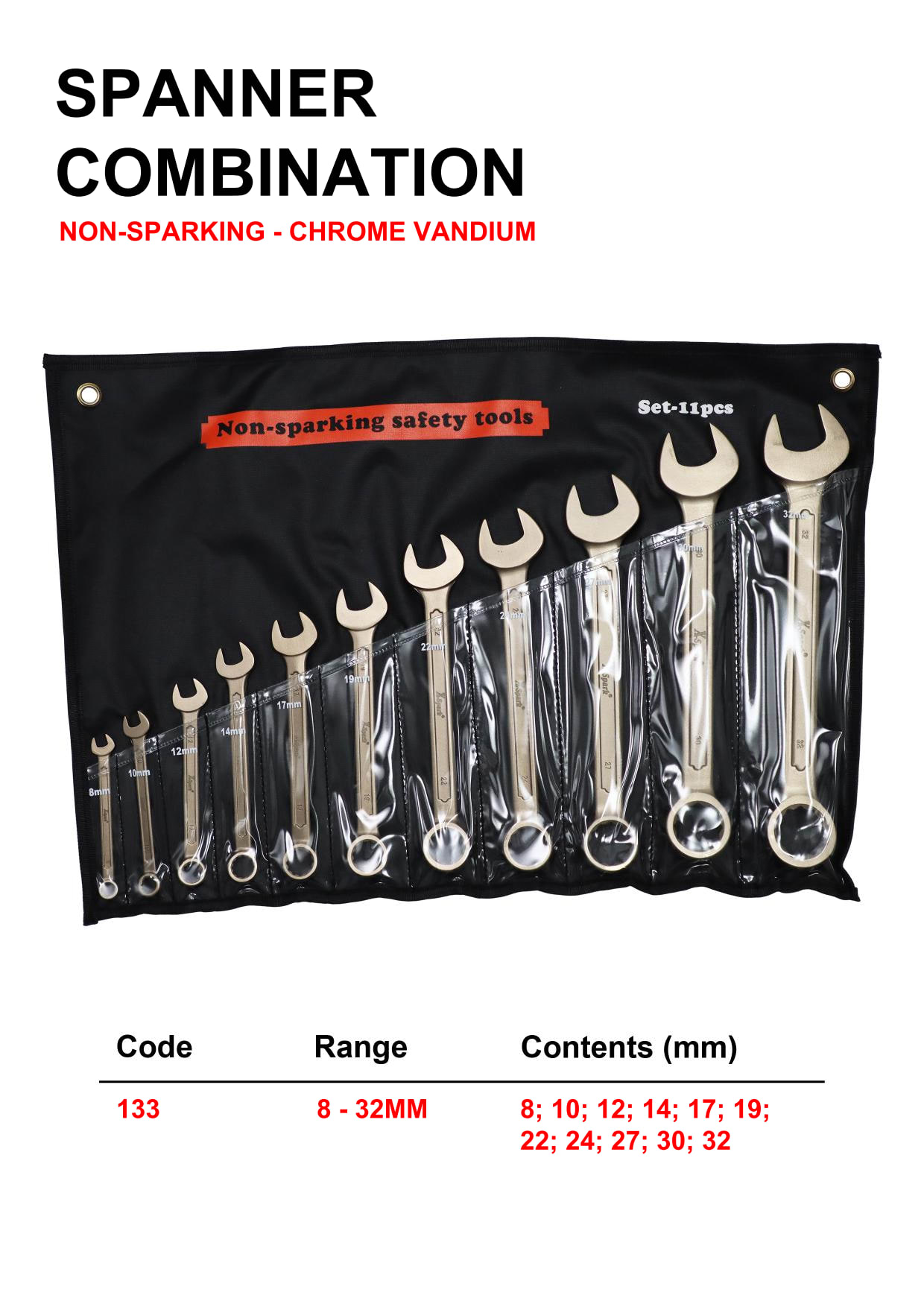 SPANNER SET COMB 8-32MM NON SPARK - 11 PIECE - CHROME VANADIUM