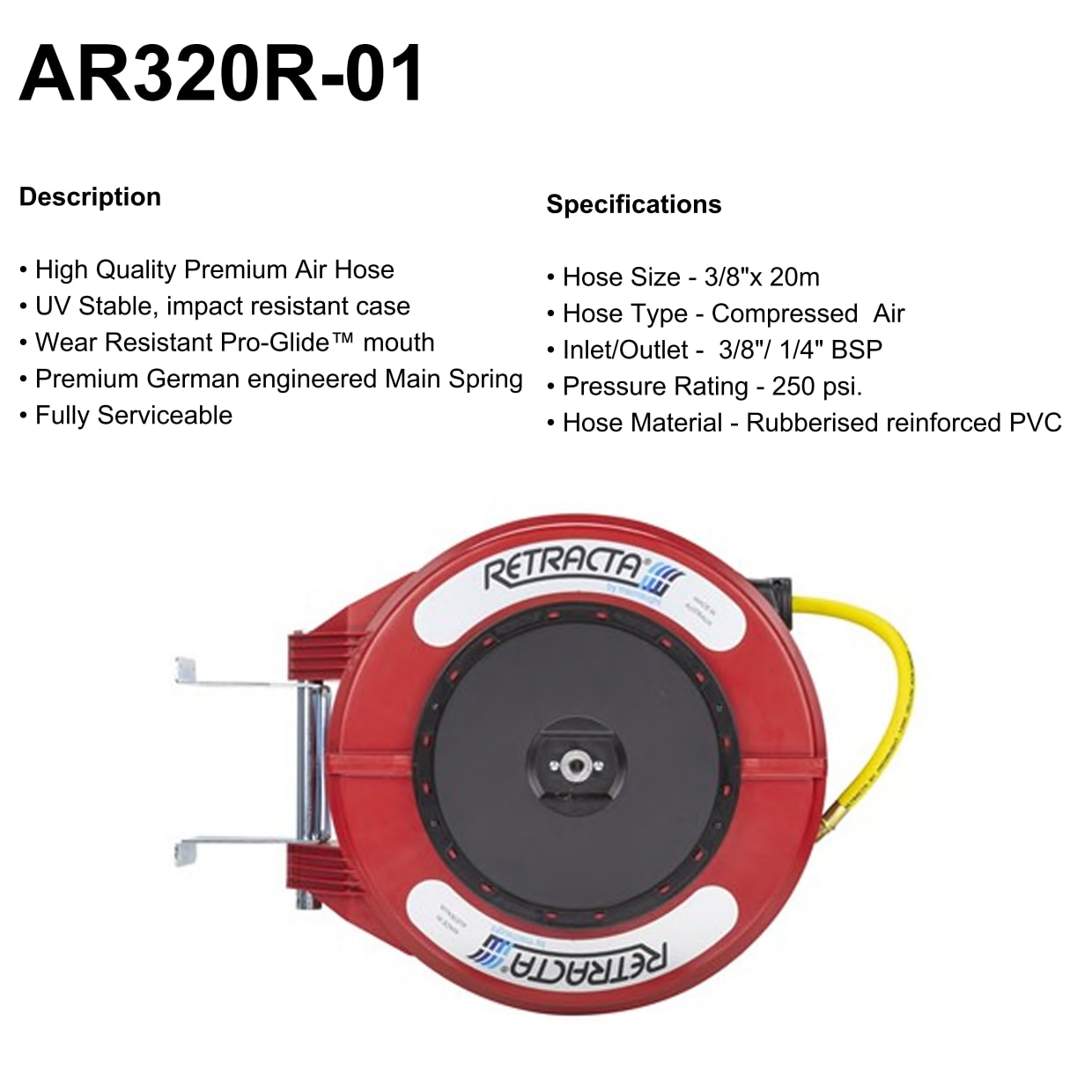 HOSE REEL AIR 10MM X 20M MACNAUGHT - RETRACT AIR- 16 BAR / 230 PSI