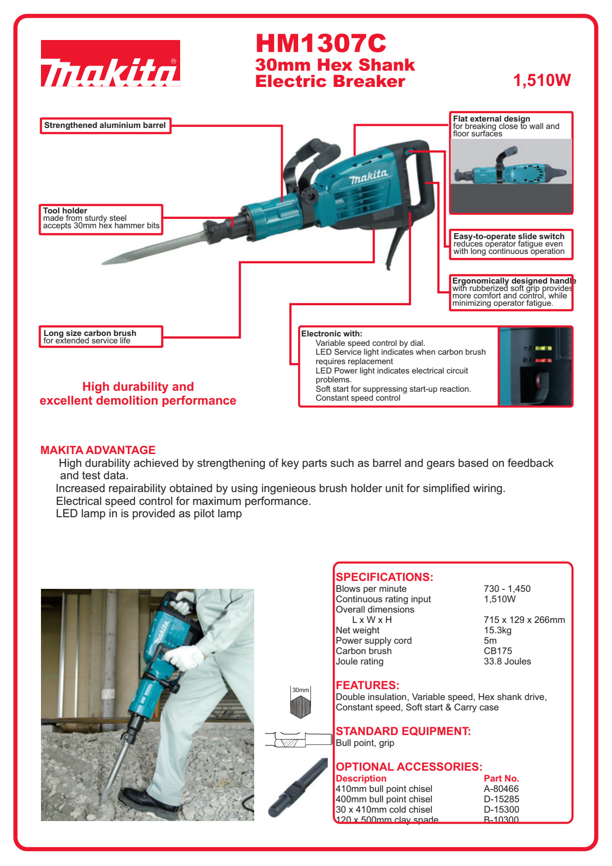 DRILL DEMOLITION BREAKER 1510W MAK 30MM HEX RECEPTION 33.8