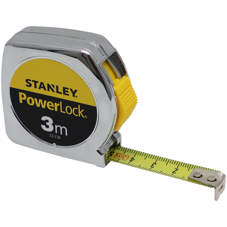 "TAPE   3MX19MM STEEL STANLEY POWERLOCK - MANUAL LOCK - PLASTIC CHROME CASING"