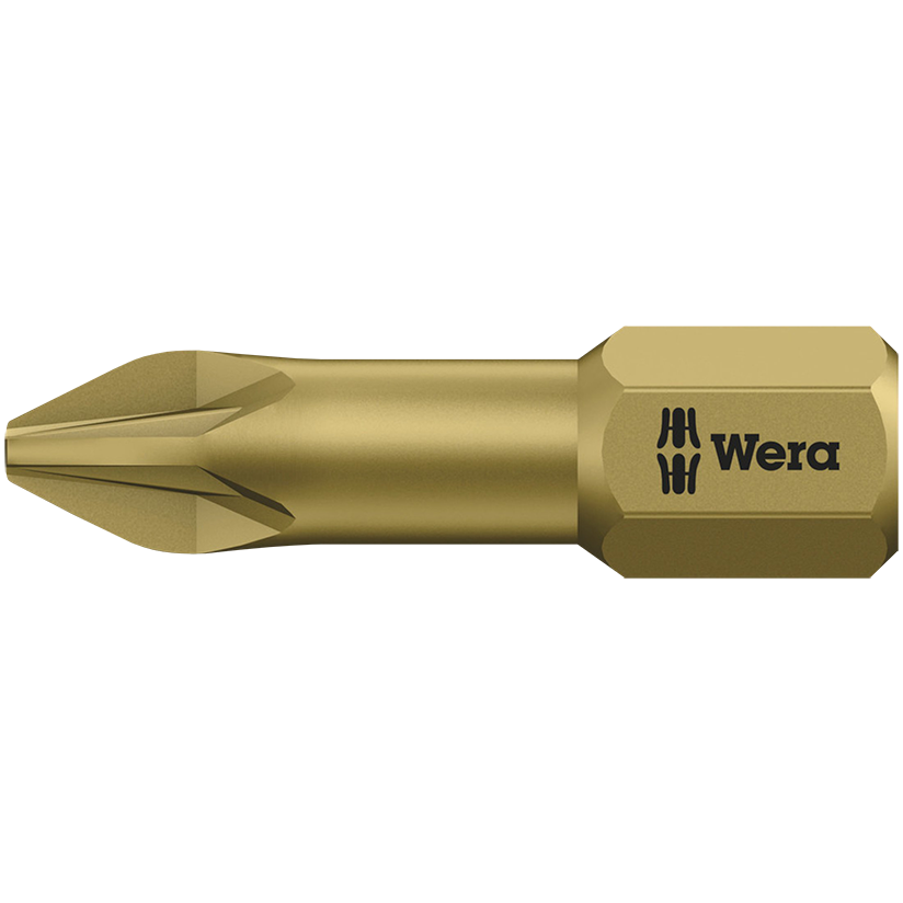 "BIT POZI NO.1 X 25MM GOLD WERA - 1\/4\" HEX SHANK - TORSION (PZ1)"