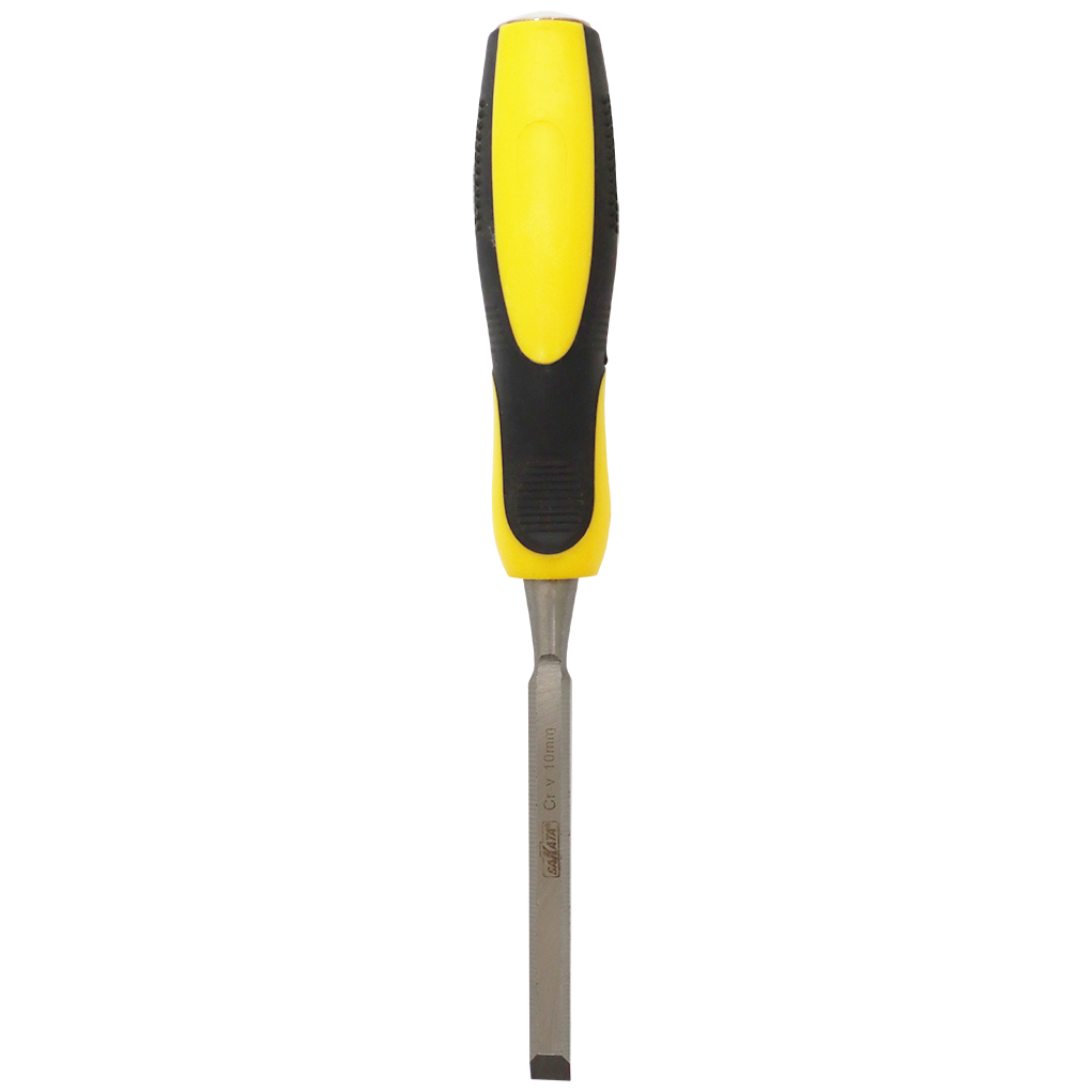 "CHISEL WOOD 10MM BEVEL EDGE SAKATA - CRV STEEL BLADE - YELLOW\/BLACK HANDLE"