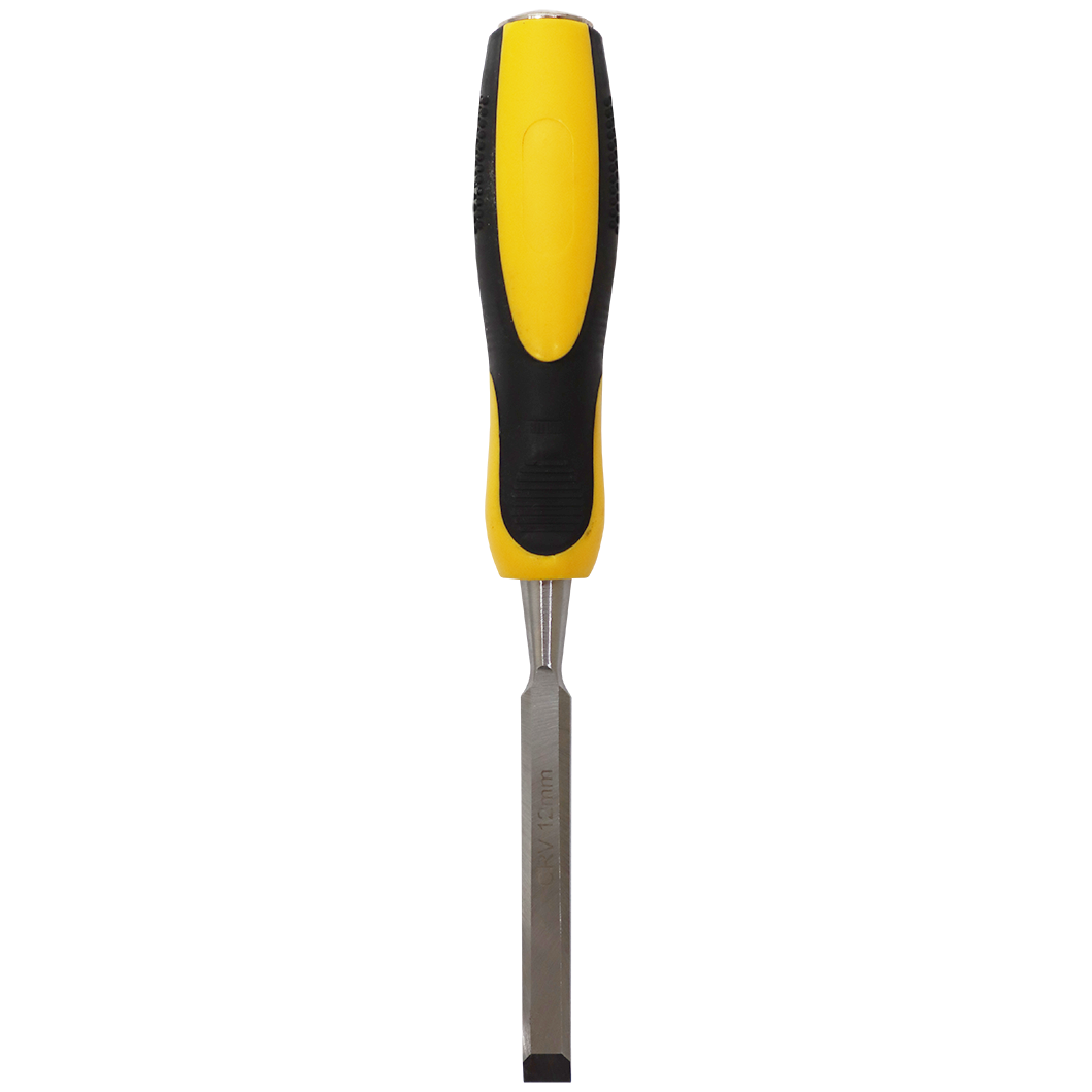 "CHISEL WOOD 12MM BEVEL EDGE SAKATA - CRV STEEL BLADE - YELLOW\/BLACK HANDLE"