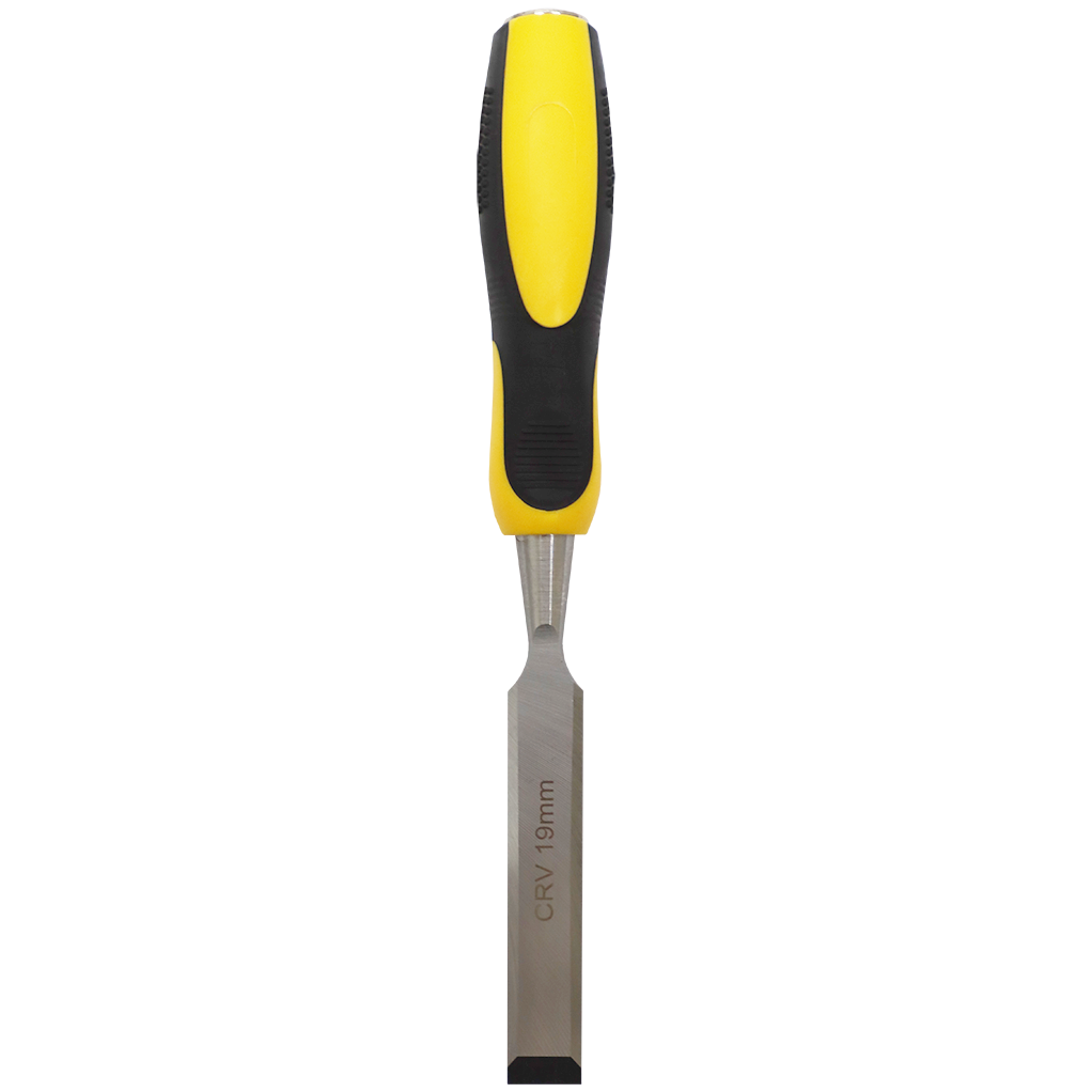 "CHISEL WOOD 19MM BEVEL EDGE SAKATA - CRV STEEL BLADE - YELLOW\/BLACK HANDLE"