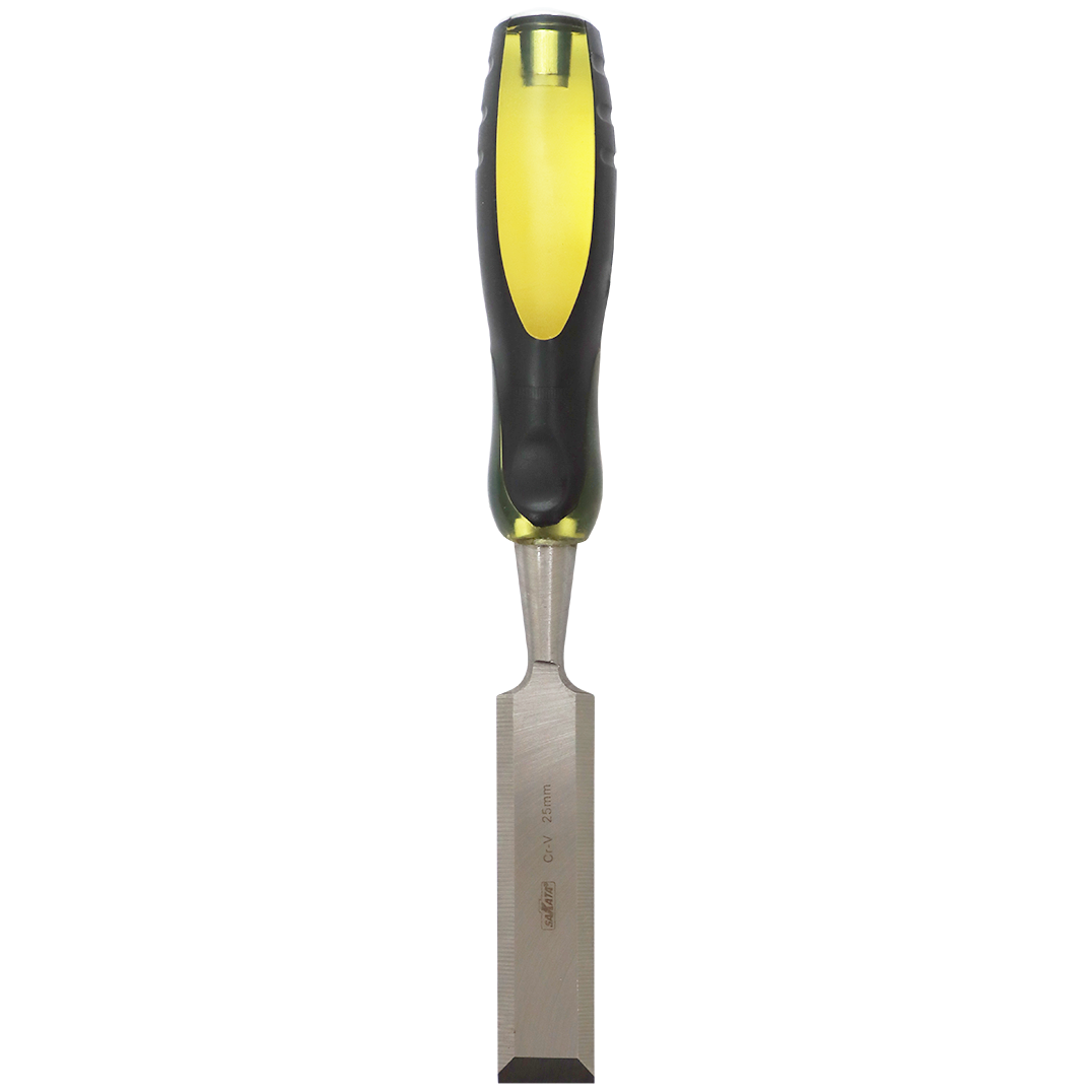 "CHISEL WOOD 32MM BEVEL EDGE SAKATA - CRV STEEL BLADE - YELLOW\/BLACK HANDLE"
