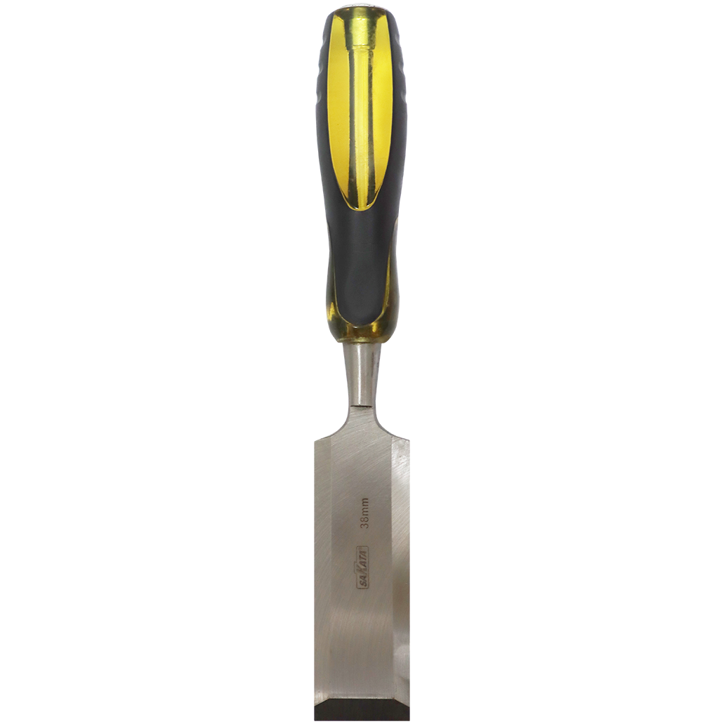 "CHISEL WOOD 38MM BEVEL EDGE SAKATA - CRV STEEL BLADE - YELLOW\/BLACK HANDLE"