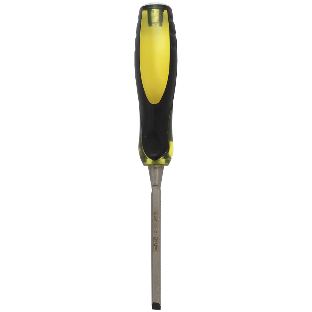 "CHISEL WOOD  8MM BEVEL EDGE SAKATA - CRV STEEL BLADE - YELLOW\/BLACK HANDLE"