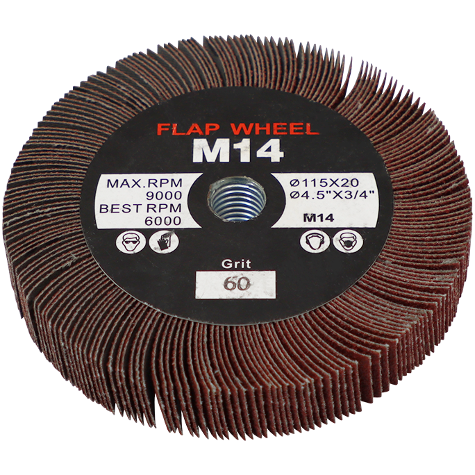 "FLAP WHEEL THREADED 115 X 20MM  60G - M14 THREADED HOLE (60 GRIT)"