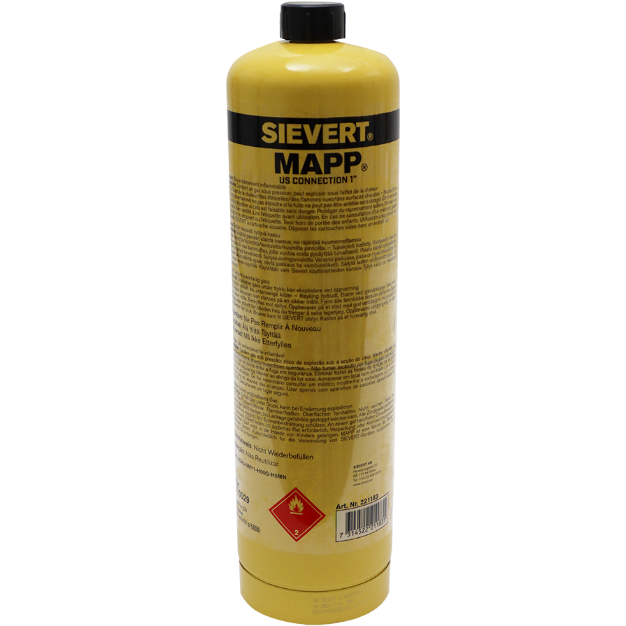 "GAS BLOW TORCH REFILL MAPP 650ML - SIEVERT STAINLESS STEEL CYLINDER (400GM)"