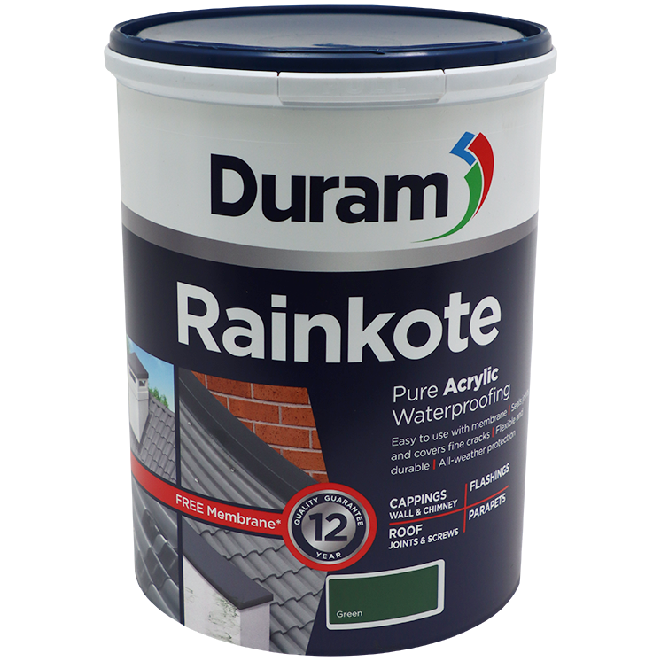 "WATERPROOF RAINKOTE GREEN 5L DURAM - PURE ACRYLIC WATERPROOFING & MEMBRANE"