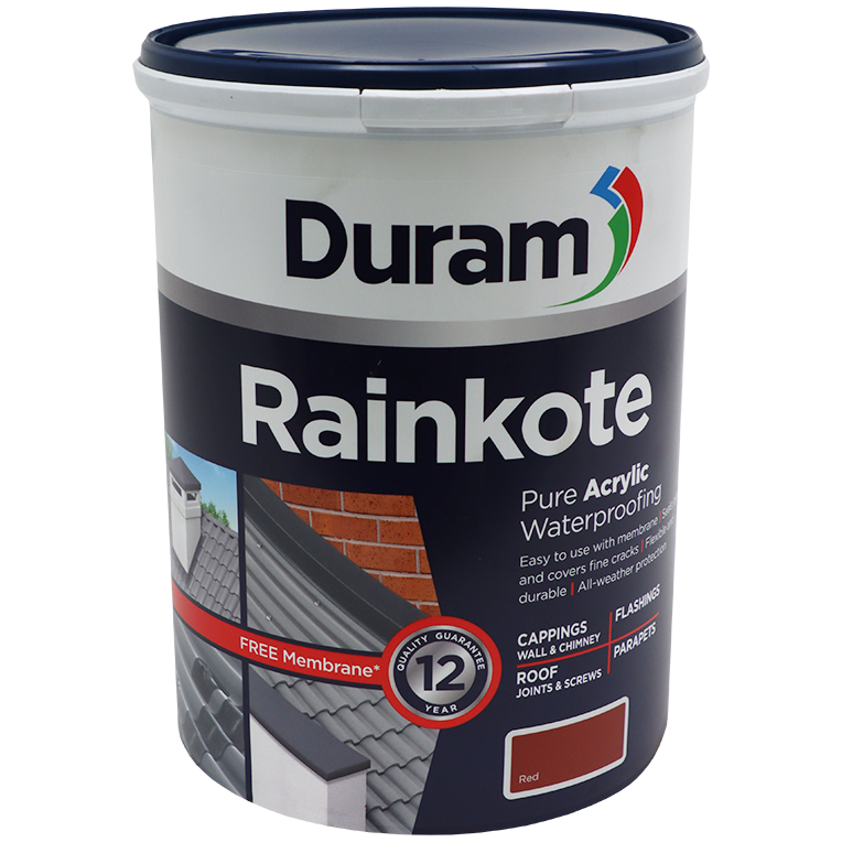 "WATERPROOF RAINKOTE RED 5L DURAM - PURE ACRYLIC WATERPROOFING & MEMBRANE"