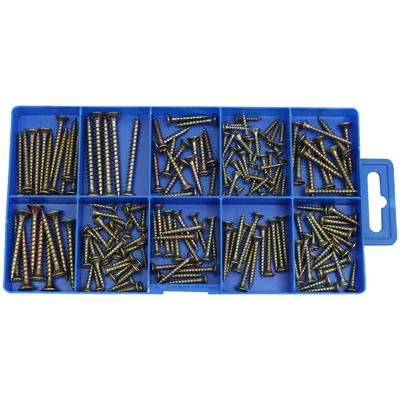 "ASSORT CHIPBOARD SCREWS 175PC - POPULAR SIZES - YELLOW PASSIVATED"