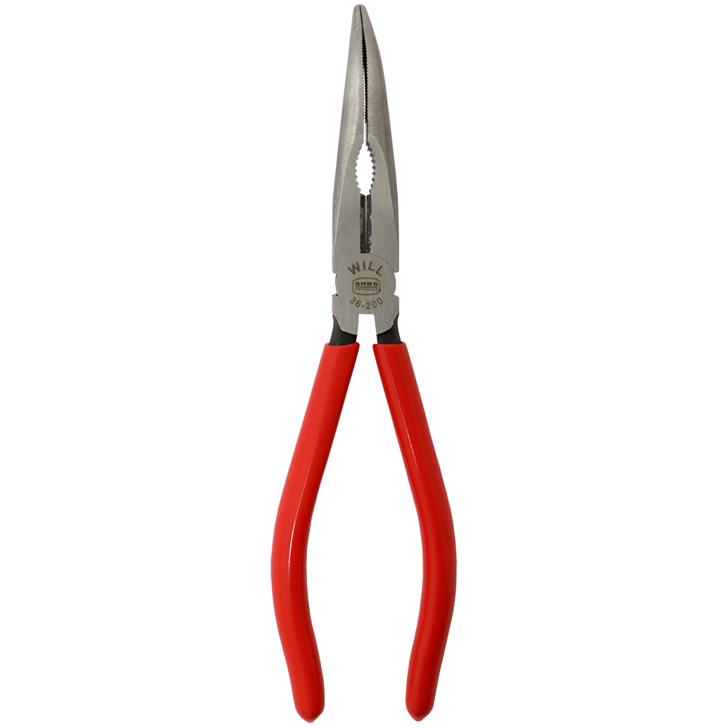 "PLIER LONG NOSE 200MM BENT  WILL - BENT 45\u00b0 - RED HANDLE"