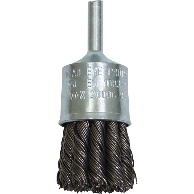 "WIRE BRUSH PORT 25MM MOUNTED KNOTTED - 6MM SHANK - FLAT TRIM 0.50MM WIRE"