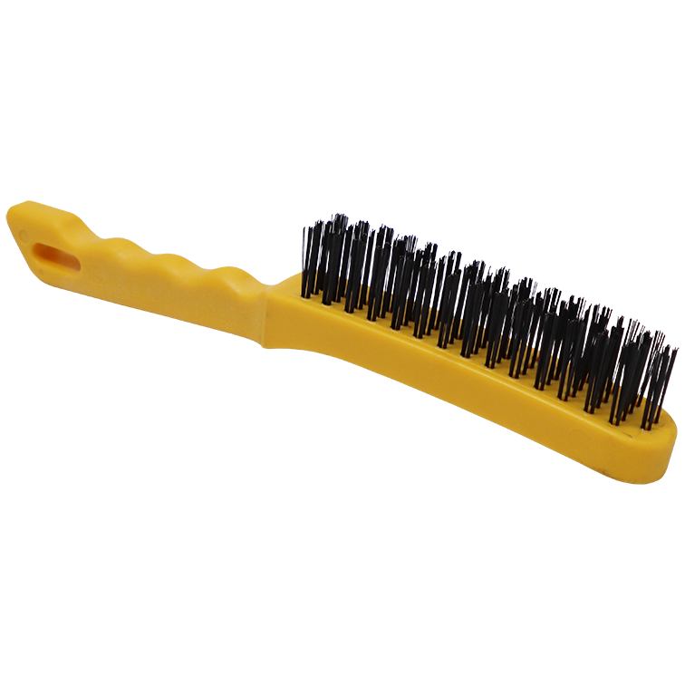 "WIRE BRUSH 4 ROW STEEL HAWK (0.35MM) - YELLOW PLASTIC HANDLE - 0.35MM WIRE"