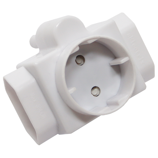 "PLUG ADAPTOR MULTI 3 WAY SCHUKO - 1XROUND 2PIN 2XFLAT 2PIN"