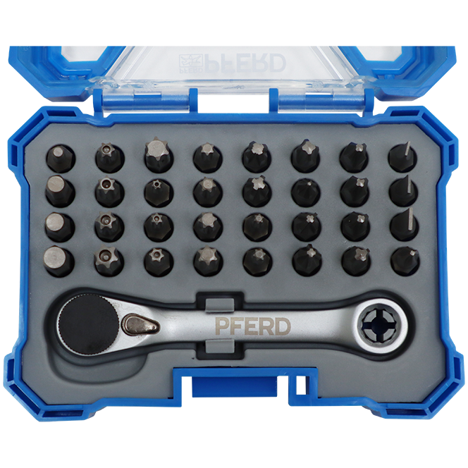 "BIT  SET 33PC ASSORTMENT + MINI RATCHET - 1\/4\" HEX SHANK - S2 STEEL BITS"
