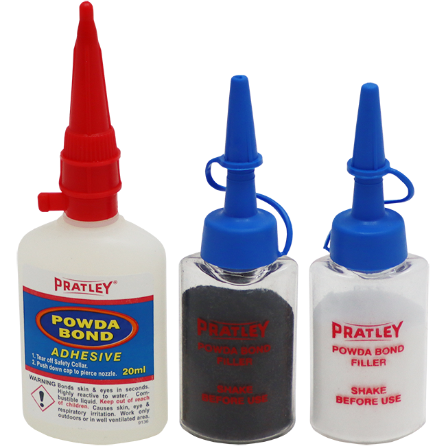 "SUPERGLUE & FILLER KIT 3PCE POWDA BOND - BLACK & WHITE FILLER PLUS 20ML GLUE"