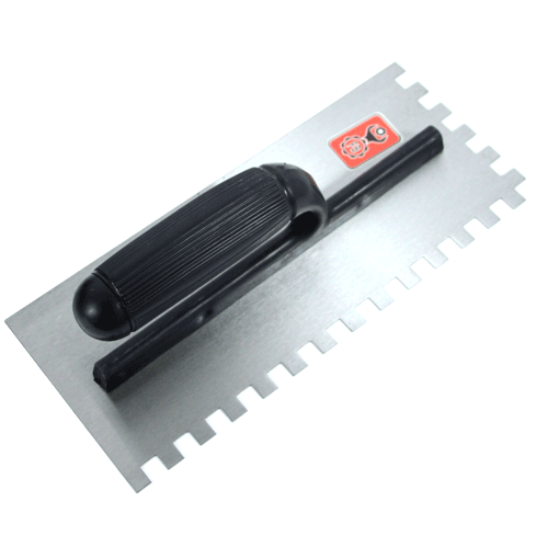 "TROWEL TILER  10MM  SQUARE NOTCH FB - SERRATED BLADE WITH PLASTIC HANDLE"