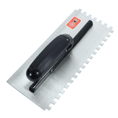 "TROWEL TILER   8MM  SQUARE NOTCH FB - SERRATED BLADE WITH PLASTIC HANDLE"