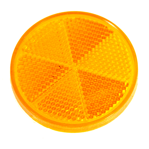 "REFLECTOR AMBER ROUND 63MM PIN BACK - SABS - 5MM THREADED PIN BACK WITH NUT"