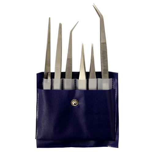 "TWEEZER SET 6 PIECE S\/S EXXO - 2XSTRAIGHT\/1XKNURLED\/2XBENT\/1XSELF LOCKING"