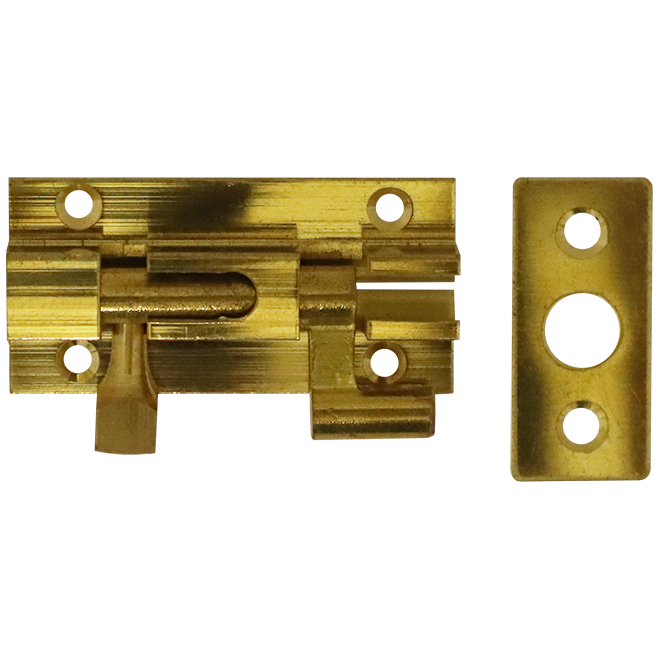 "BARREL BOLT NECKED  50MM BRASS - 50X25X0.80MM  WITH SCREWS"