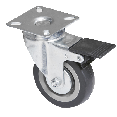 "CAST RUBB GREY  75x21 SWIVEL C\/W BRK - PLATE 60X60 MAX LOAD 50KG"