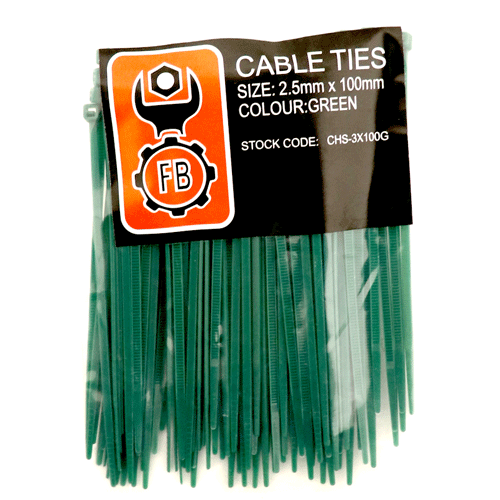 "CABLE TIES 100X2.5MM GREEN  FB - SOLD PER PACK OF 100"
