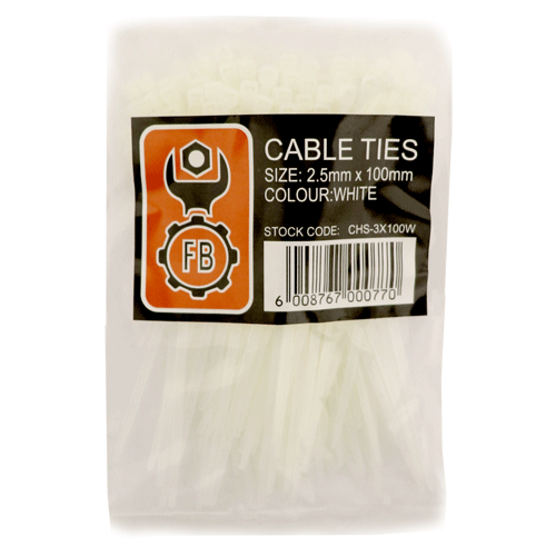 "CABLE TIES 100X2.5MM WHITE FB - SOLD PER PACK OF 100"