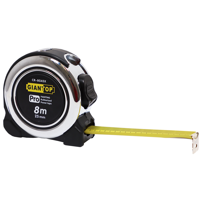 "TAPE   8MX25MM STEEL GIANT CHROME - MANUAL LOCK - RUBBER PROTECTIVE CASING"