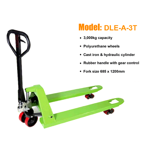 "PALLET TRUCK 3000KG GREEN - FORK SIZE 685 X 1200 (DOUBLE PU WHEELS)"