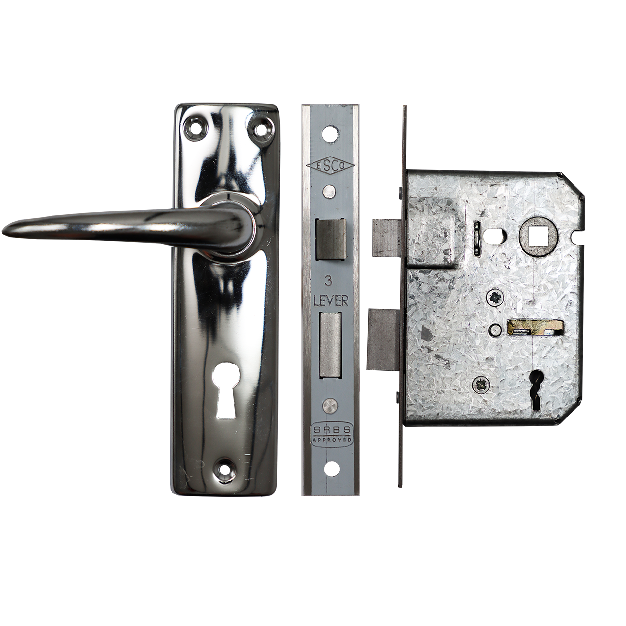 LOCKSET MORTICE 3 LEVER ESCO BOXED - CHROME PLATED HANDLES - MED SECURITY