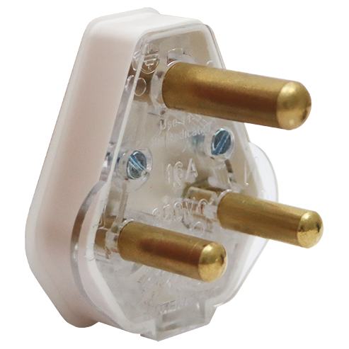 "PLUG TOP 3PIN PVC WHITE 16A - ROUND BRASS PINS"