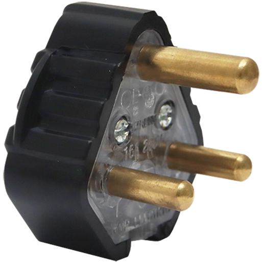 "PLUG TOP 3PIN RUBBER BLACK 16A - ROUND BRASS PINS"