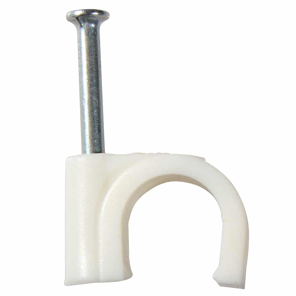 "CABLE CLIP ROUND WHITE 8MM - PLASTIC CABLE SADDLE (100\/BOX)"