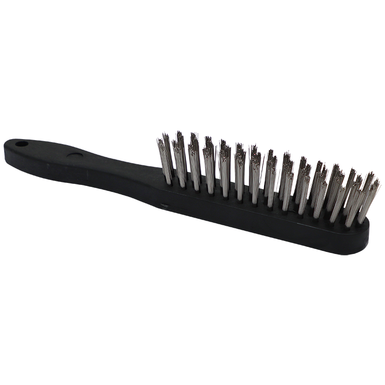 "WIRE BRUSH 4 ROW S\/S ACADEMY (0.35MM) - BLACK PLASTIC HANDLE - 0.35MM WIRE"