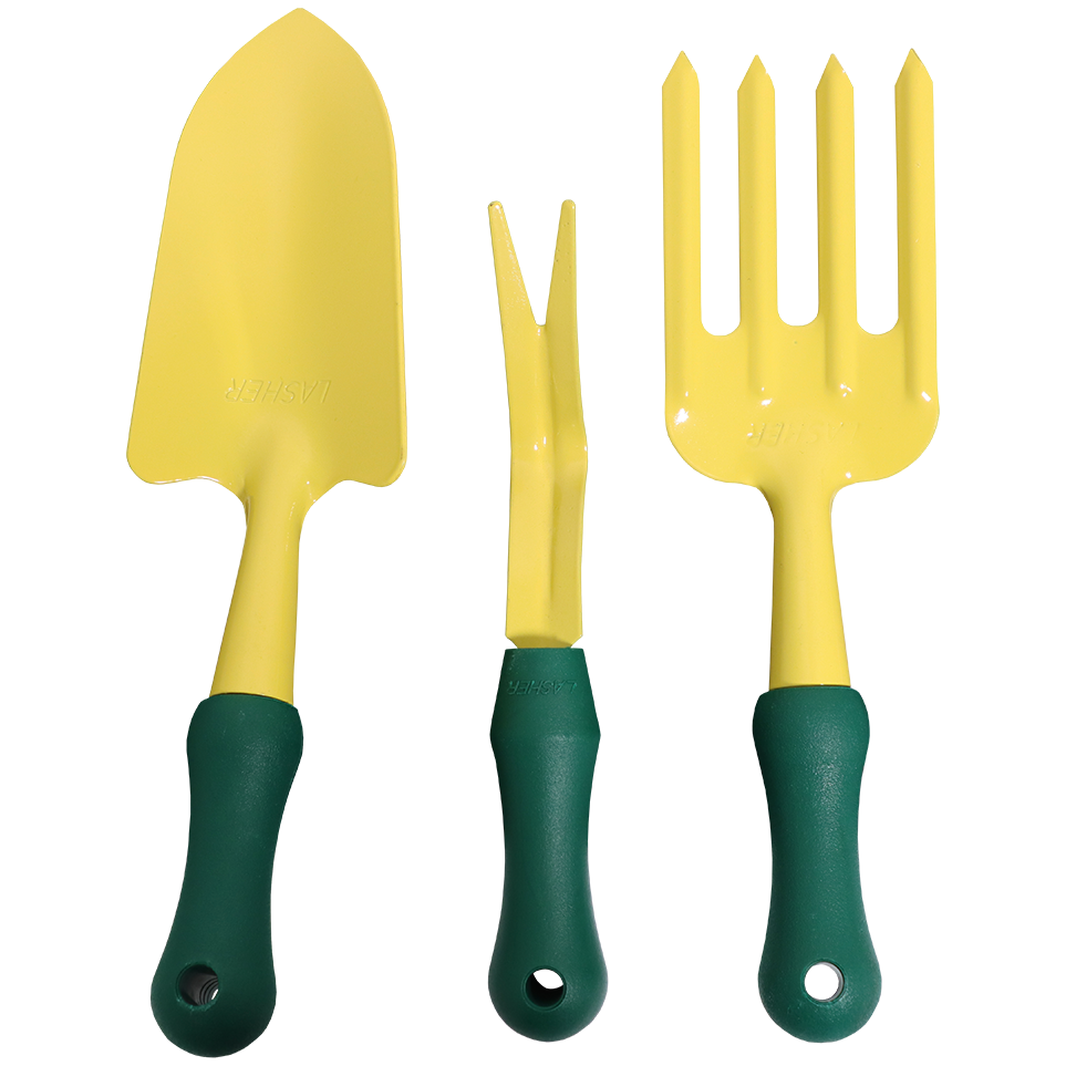 "GARDEN SET 3 PCE SHORT HANDLE LASHER - FORK, TROWEL & DAISY GRUBBER"