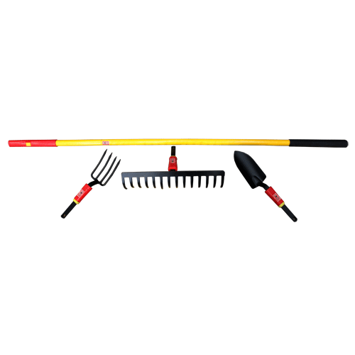 "GARDEN SET 3 PCE  LONG HANDLE FB - FORK, TROWEL & RAKE YELLOW HANDLE"