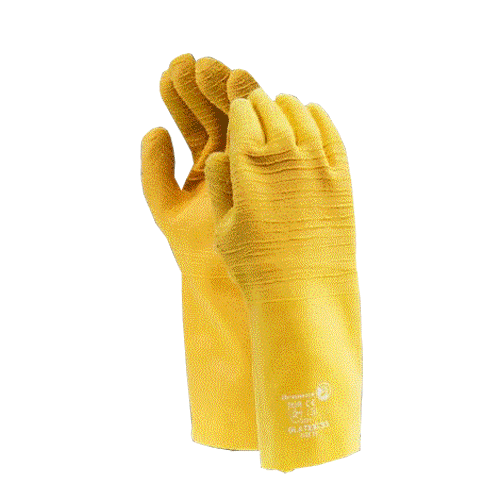 "GLOVE COMAREX CRINKLE YELLOW ELBOW - DWS - RUBBER (CRINKLE PALM) - FLEECE ELBOW"