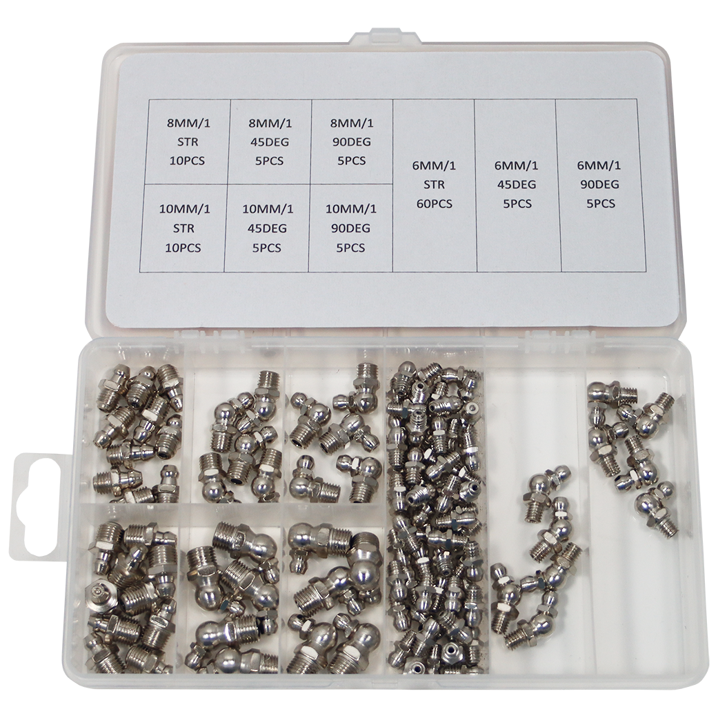 "ASSORT GREASE NIPPLES METRIC 110PC - ASSORTED SIZES - 6MM, 8MM, 10MM"