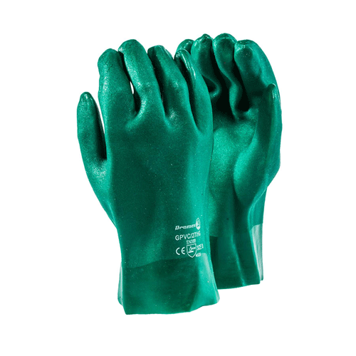 "GLOVE PVC CHEMICAL GREEN WRIST H\/D - 27CM LENGTH, HEAVY DUTY, OPEN CUFF"