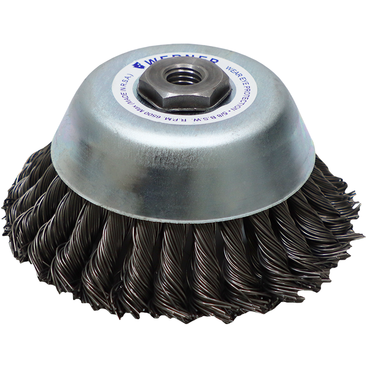 "WIRE CUP BRUSH KNOT 140 X 5\/8 BSW WERN - 0.80MM WIRE- THREAD BSW 5\/8\""