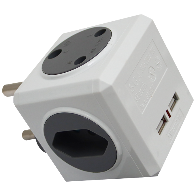 "PLUG ADAPTOR MULTI 6 WAY CUBE - 2XUSB 1X3PIN 1XROUND 2XFLAT 3PIN"