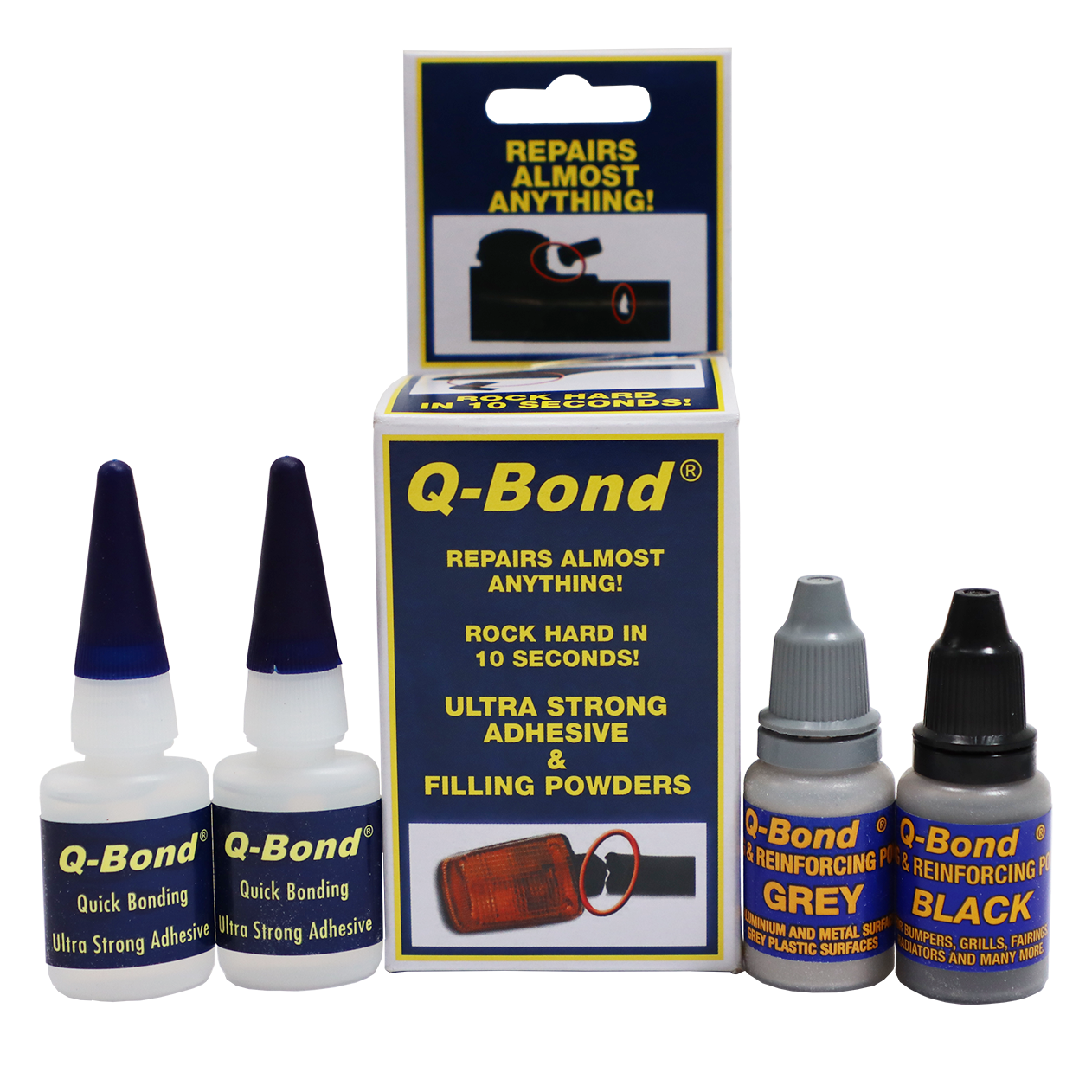 "SUPERGLUE & FILLER KIT 4PCE Q-BOND - 1 BLACK-1 GREY POWDER & 2X INSTANT ADHESIVE"