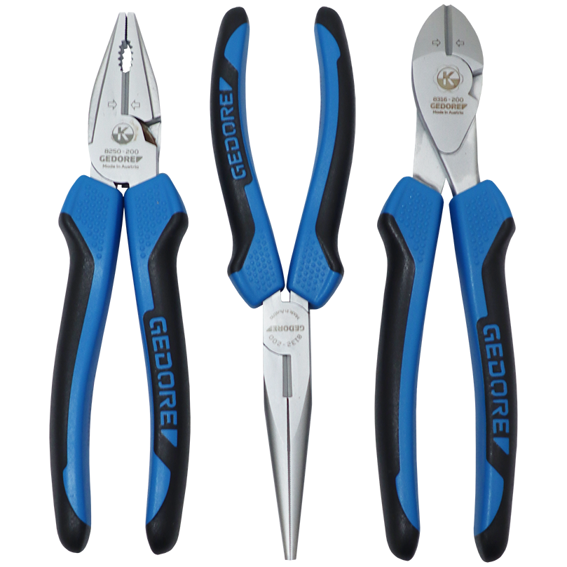 PLIER SET 3 PCS STD GEDORE - 200MM BLUE DUAL TONE HANDLE | Fowkes Bros